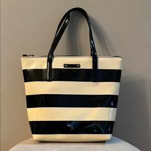 Kate Spade Black and Cream Striped Tote Classic Tailored Purse Bag Timeless